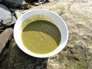 Bowl of hot sea spinach soup, on the beach