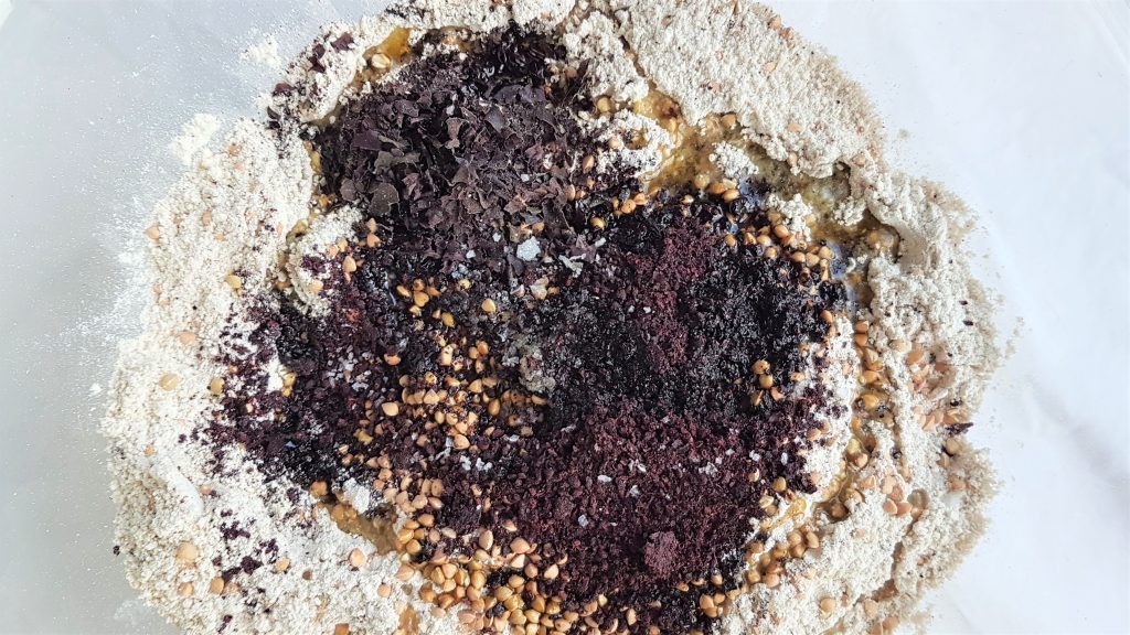 Looking like a Jackson Pollock painting, this is the dried mix to make buckwheat, blackberry and seaweed crackers