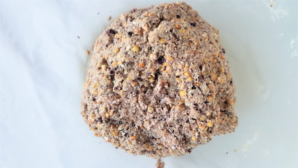 A ball of buckwheat, seaweed and blackberry dough before it is rolled into crackers and baked