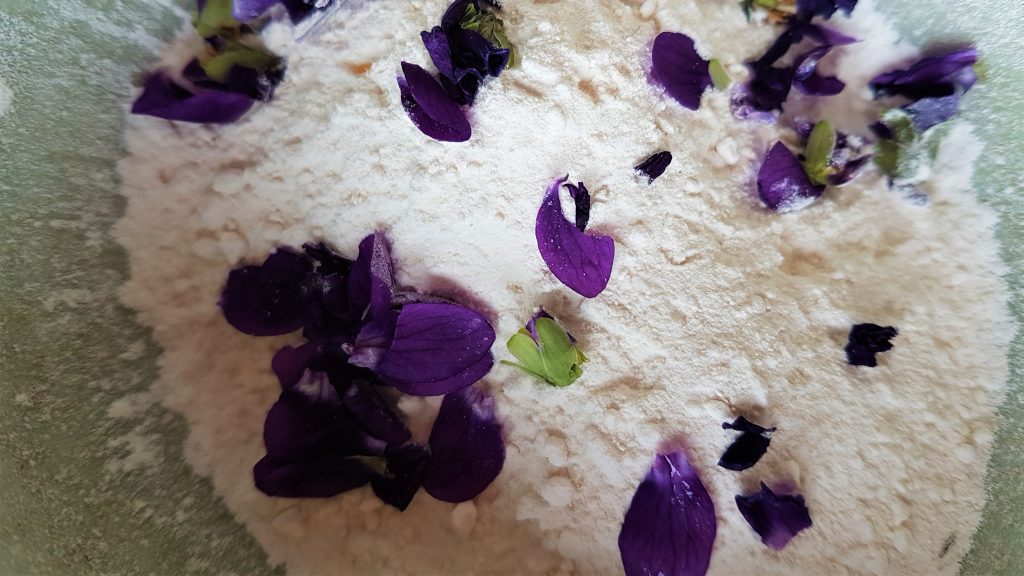 Infusing sweet violets into icing sugar, as taught on foraging course
