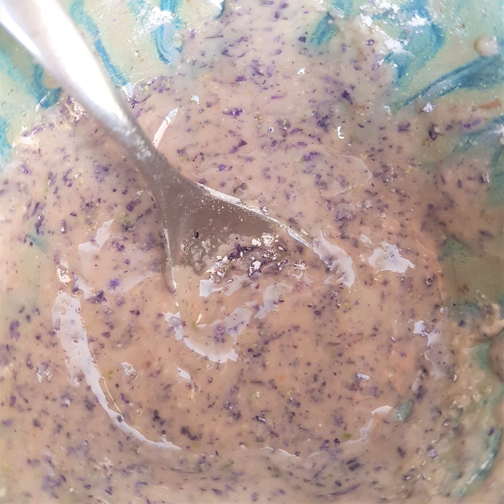 Homemade violet-infused icing from foraging course in Cornwall