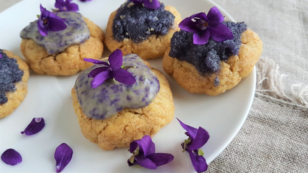 Wild violet iced biscuits, tasters on foraging course in Cornwall