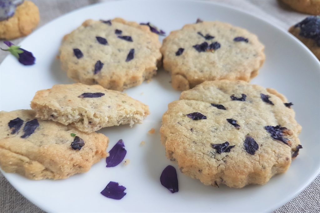 Gluten-free shortbread biscuits with foraged violets from a wild food course