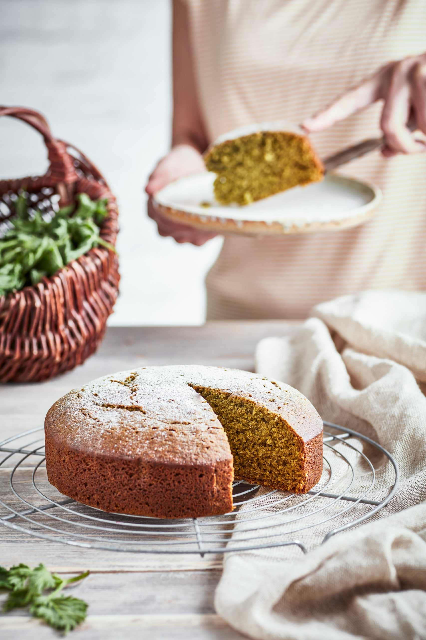 Foraged stinging nettles in a slice of honey cake