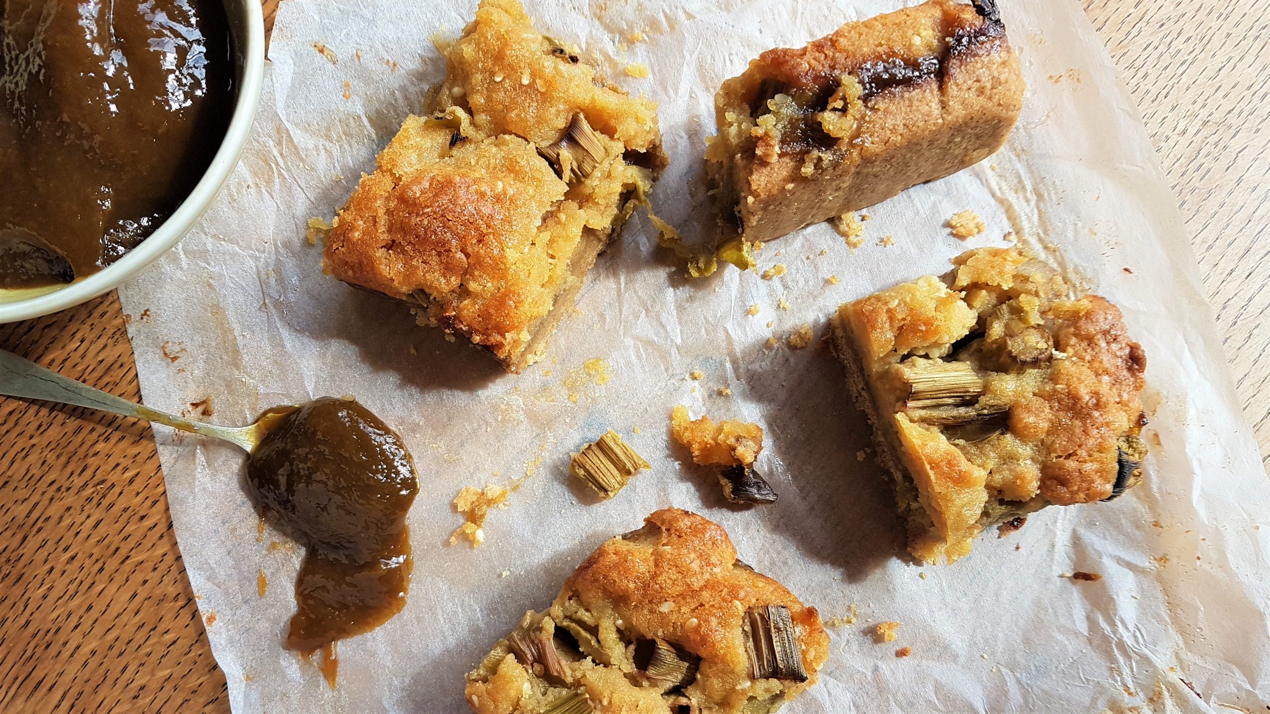 Slices of Japanese knotweed frangipane with ingredients from a foraging course