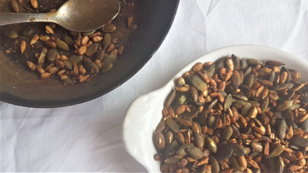 Wild toasted seed snack on foraging course in Cornwall
