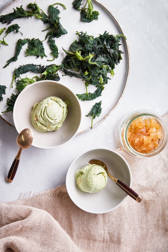 Making ice cream with stem ginger and stinging nettles