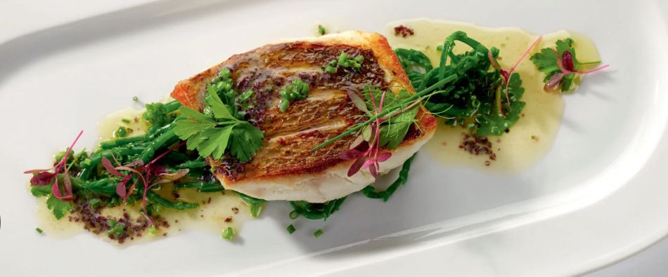 Picture of fish dish with wild greens and micro herbs